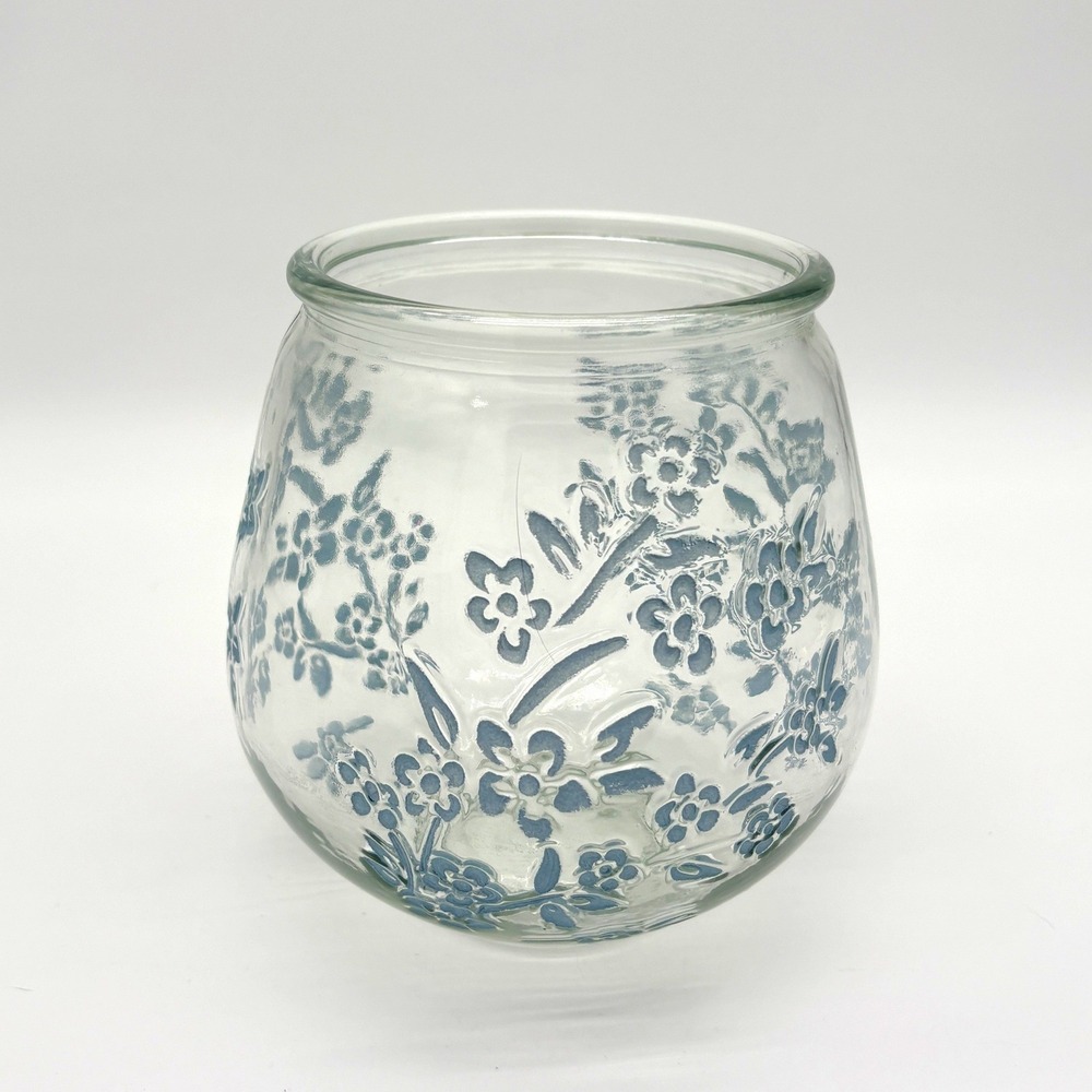 Blue Floral Embossed Glass Jar Vintage Style Cottagecore Wildflower Vase Decor